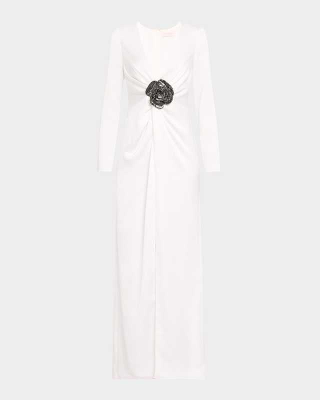 Daryl Deep V-Neck Floral Applique Column Gown